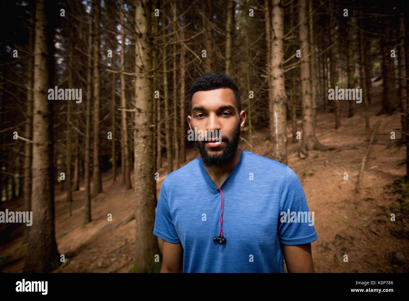 Portrait of young man standing amidst trees in forest Stock Photo - Alamy