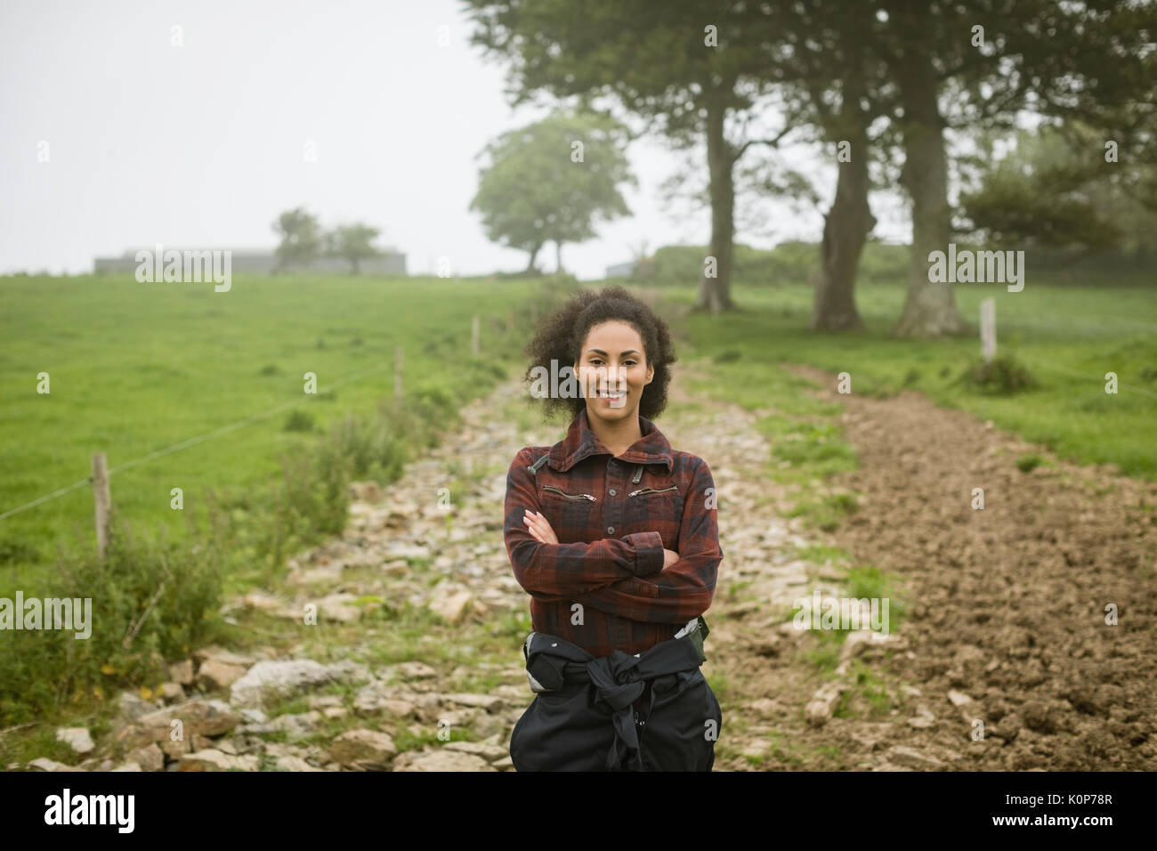 Portrait of female farmer standing with arms crossed in field Stock ...