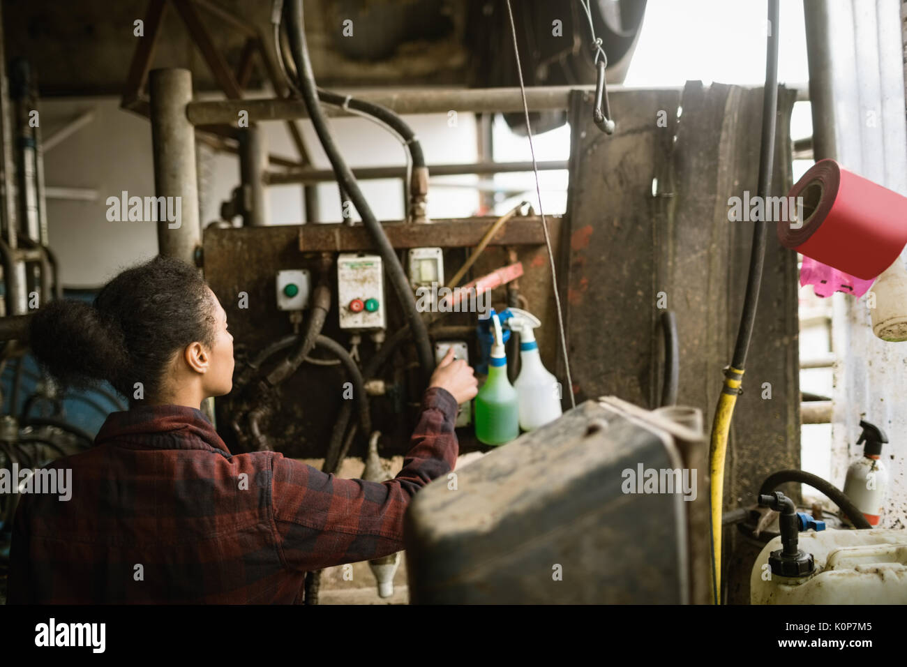Attentive woman operating machine in barn Stock Photo