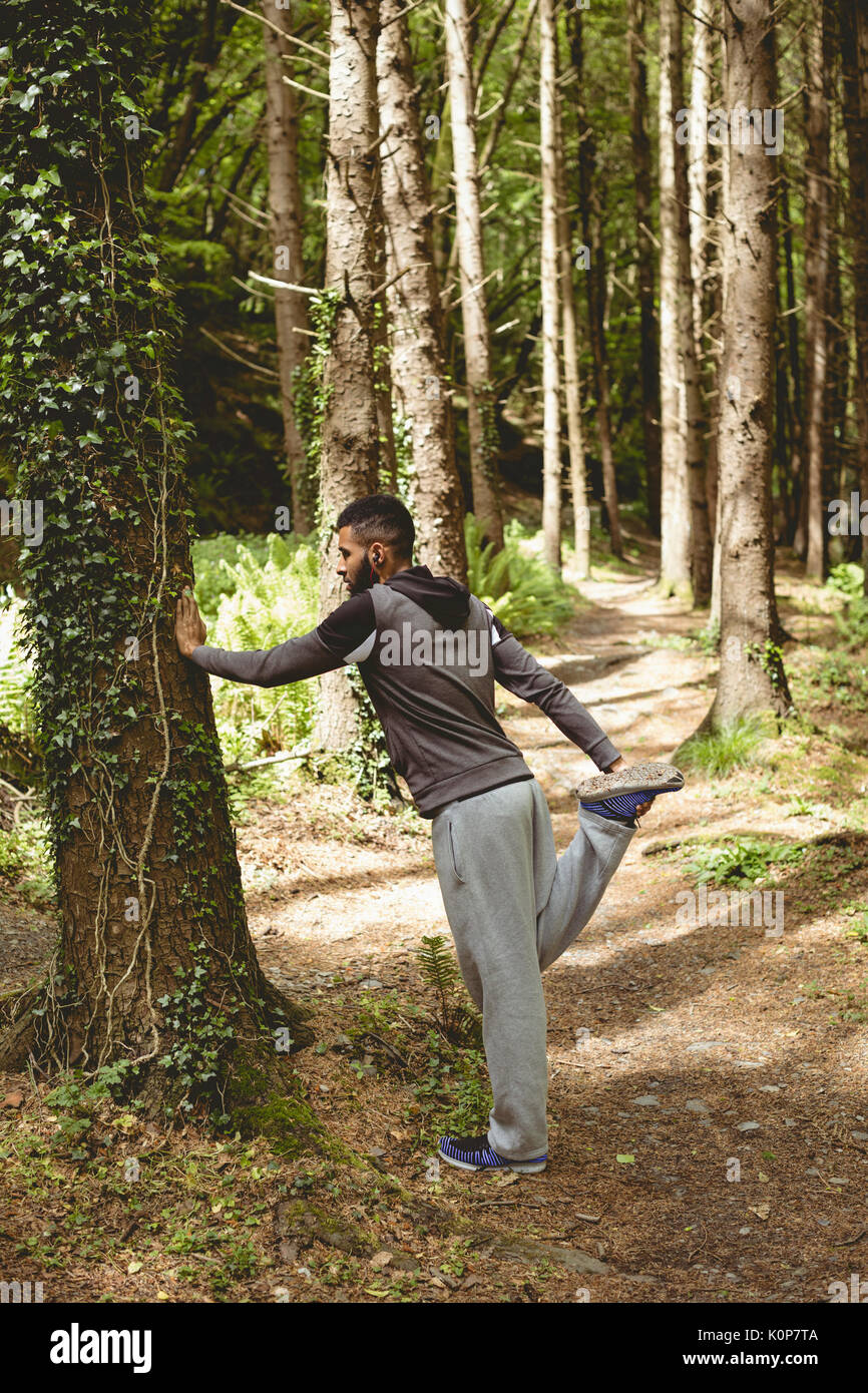 Full length of man exercising by tree in forest Stock Photo