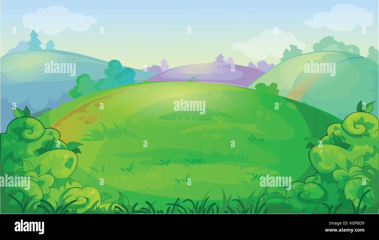 Vector game background with summer meadow, hills, and bushes Stock Vector
