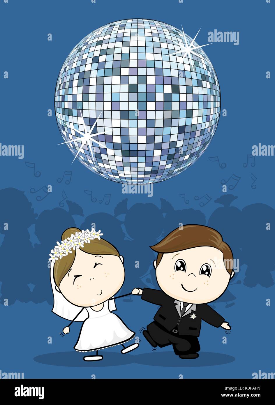 cute bride and groom first dance wedding with big disco ball, ideal for funny party invitation Stock Vector