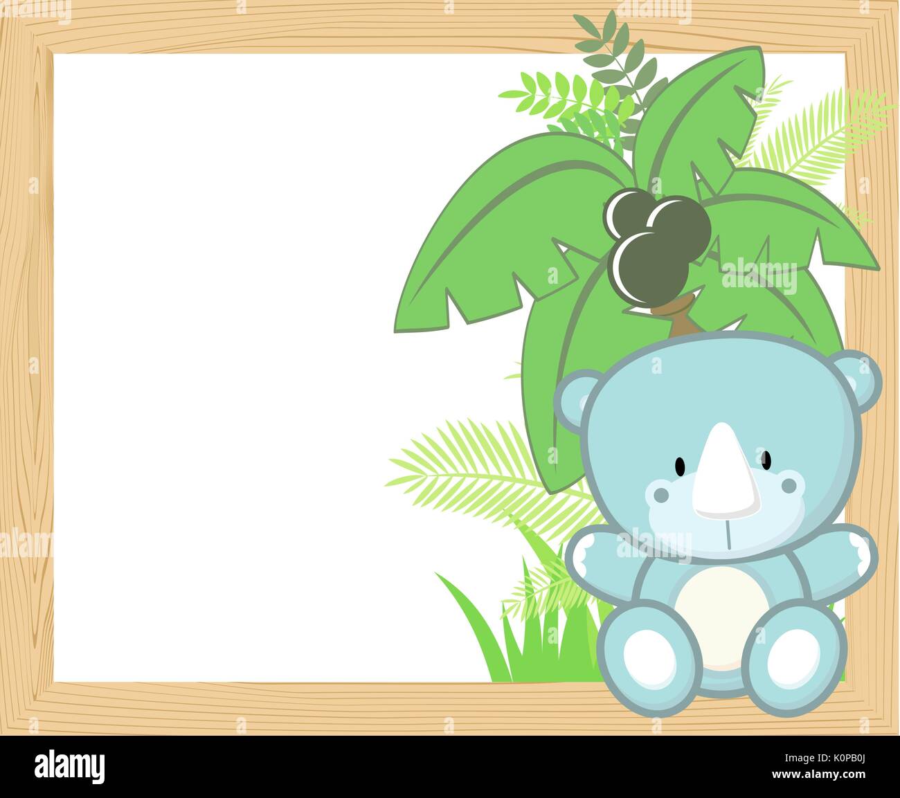 cute baby rhino with tropical leaves and palm tree on empty wood frame for copy space, ideal for nursery art decoration or scrapbooking projects Stock Vector