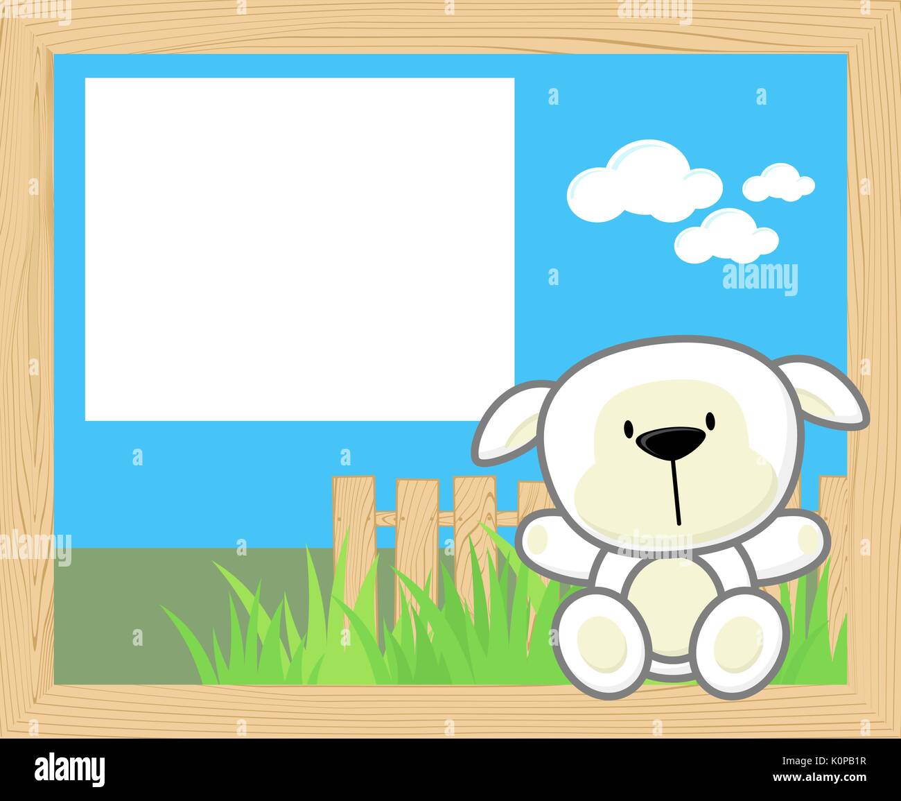 wood frame with cute baby sheep and blank board for copy space, design for children Stock Vector