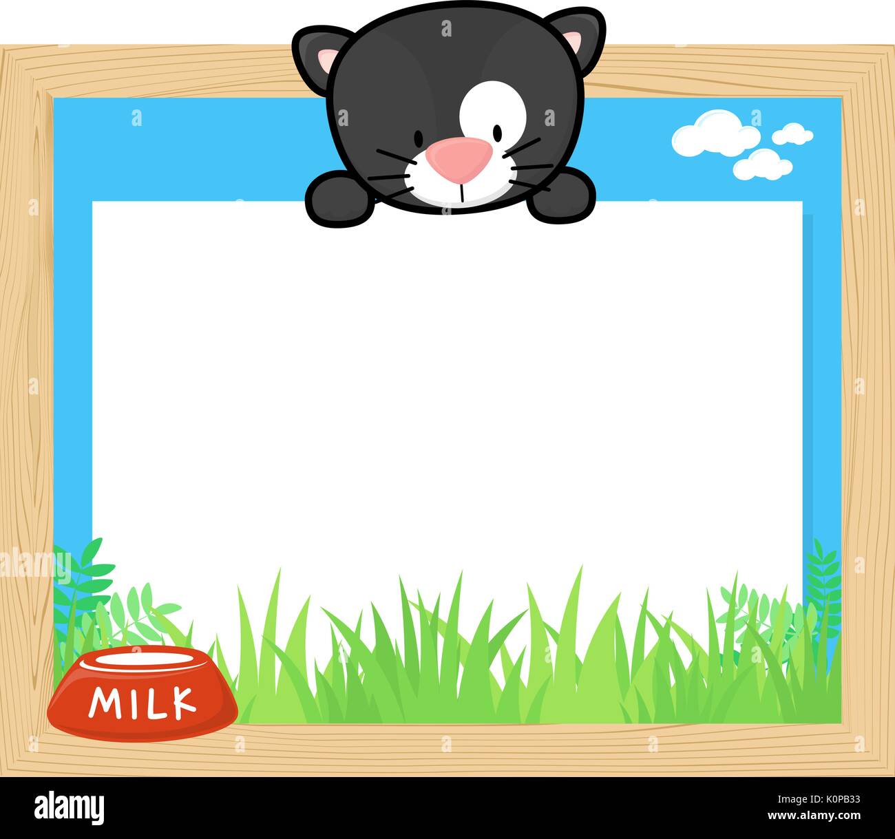 wood frame with cute baby black cat and blank board for copy space, design for children Stock Vector