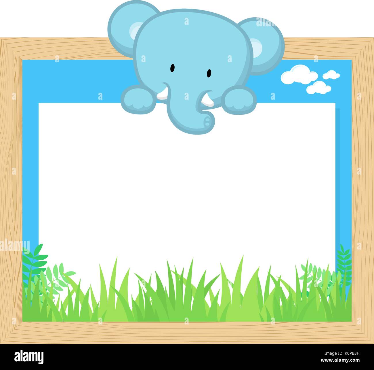 wood frame with cute baby elephant and blank board for copy space, design for children Stock Vector