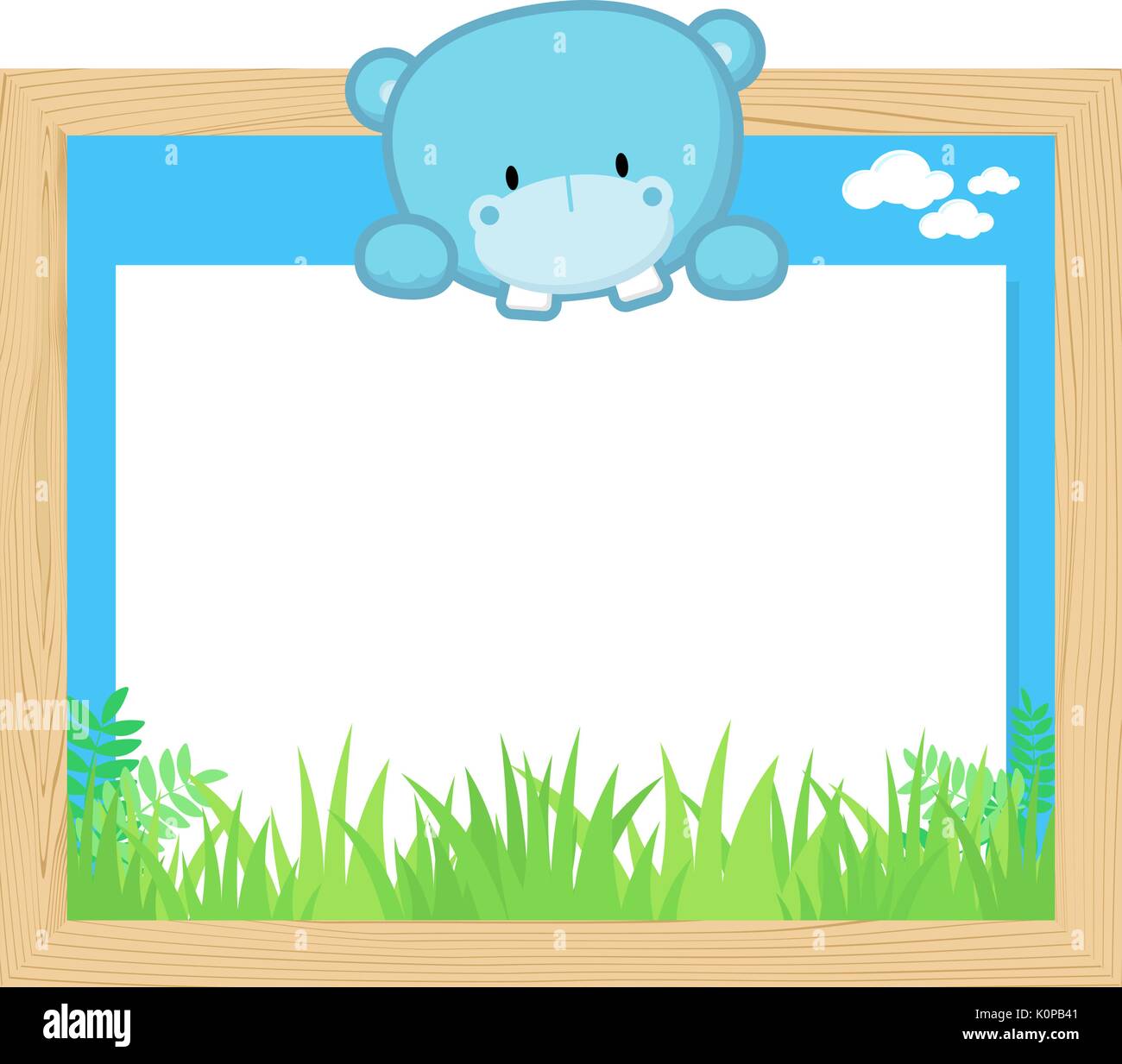 wood frame with cute baby hippo and blank board for copy space, design for children Stock Vector