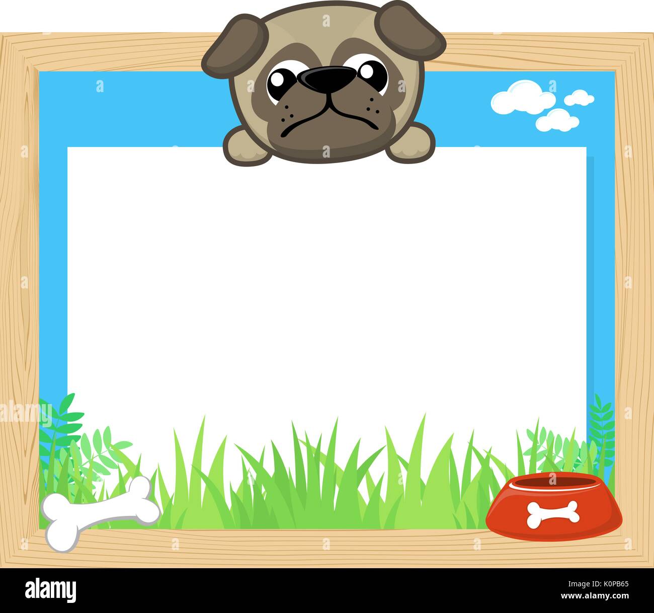 wood frame with cute baby pug and blank board for copy space, design for children Stock Vector