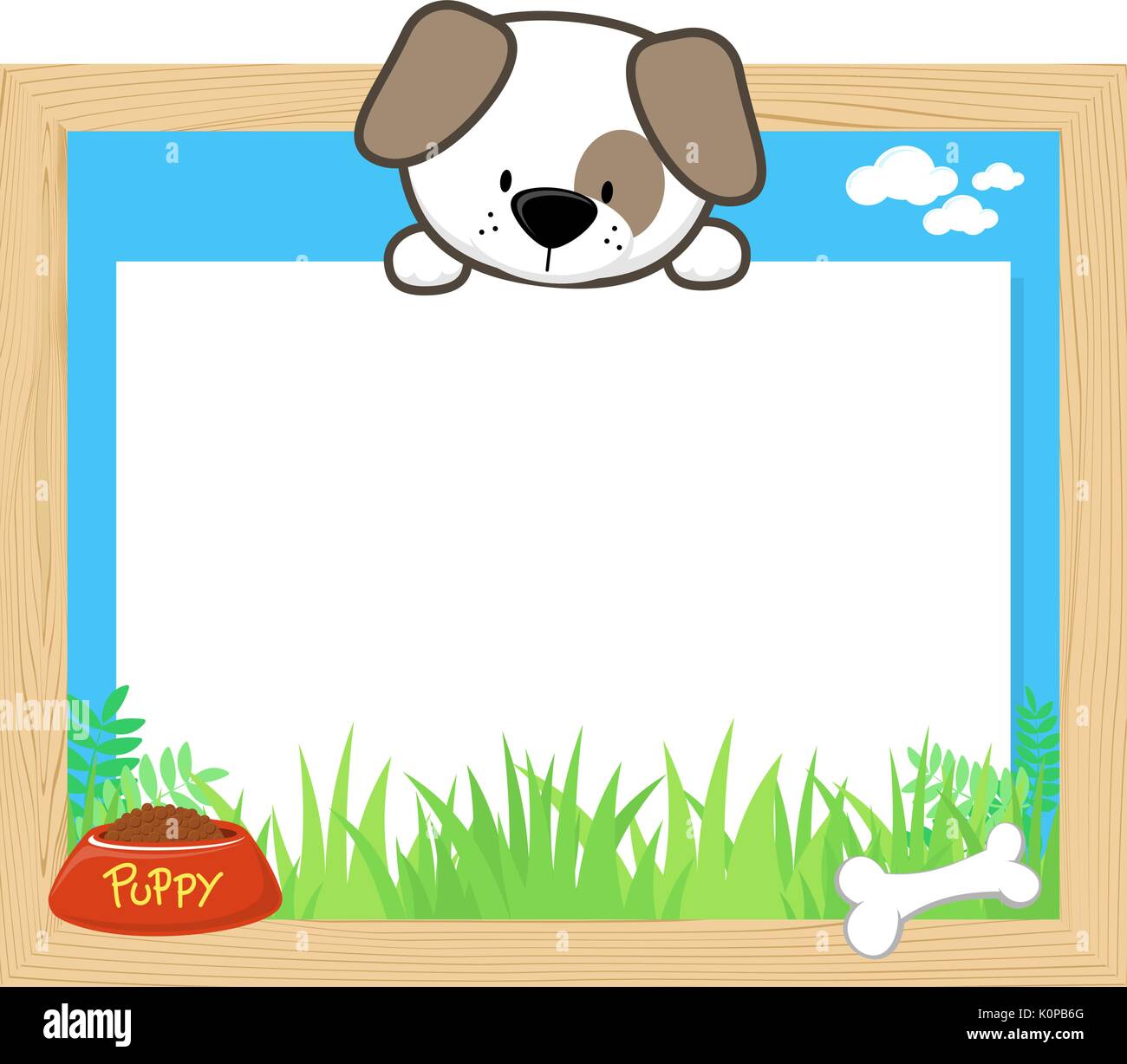 wood frame with cute puppy and blank board for copy space, design for children Stock Vector