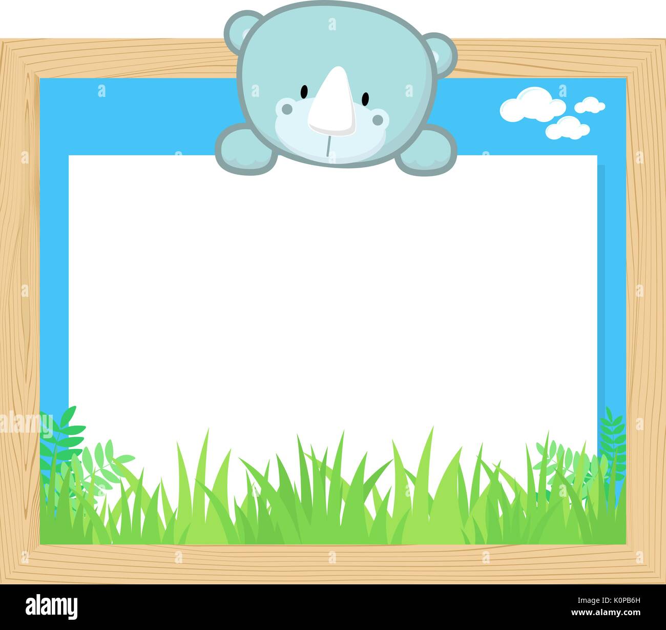 wood frame with cute baby rhino and blank board for copy space, design for children Stock Vector