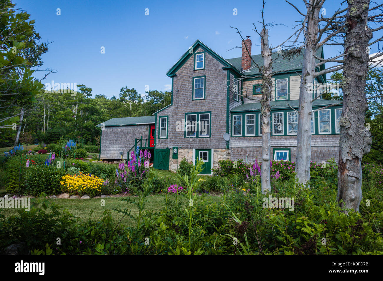 A beautiful gray and green home with bright red door is a New England