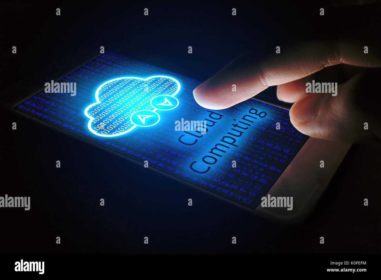 Cloud computing concept, Man using smartphone with virsual screen. Stock Photo
