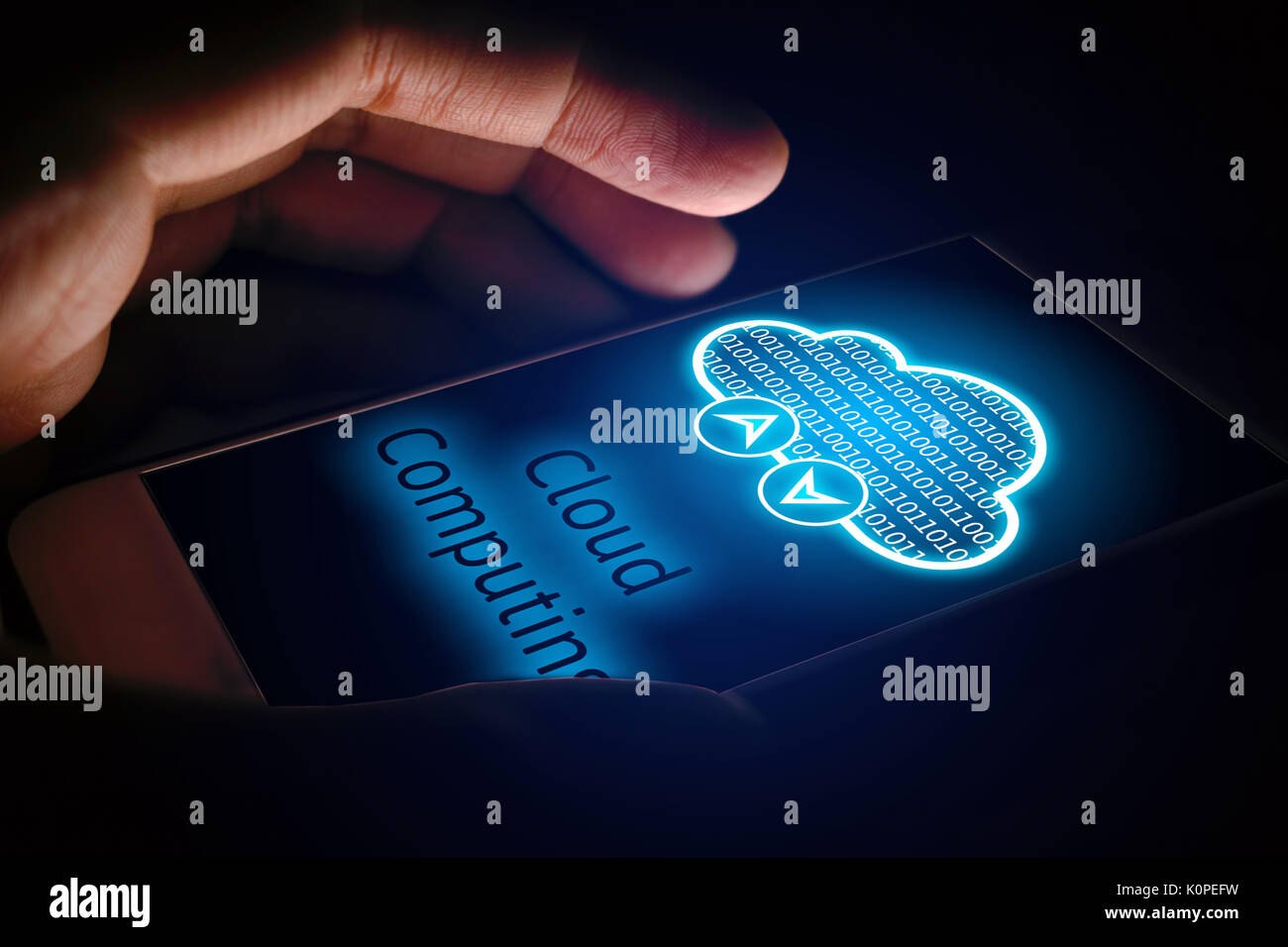 Cloud computing concept, Man using smartphone with virsual screen. Stock Photo