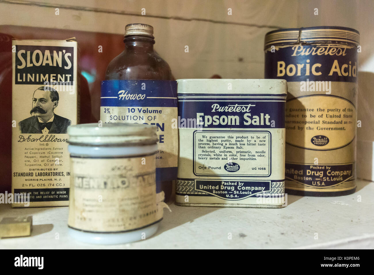 Ketchikan, Alaska, USA - July 21th, 2017: Vintage U.S.A pharmacy drugs inside the Dolly House. Stock Photo
