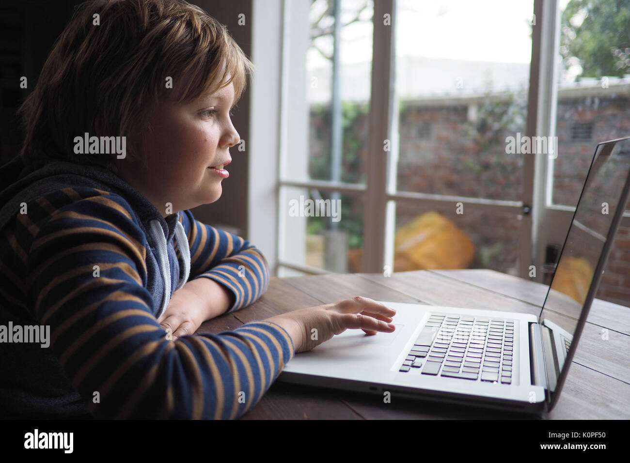 Young boy using a computer at home Stock Photo