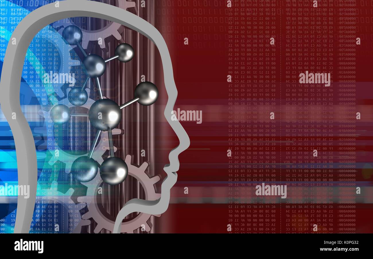 3d illustration of molecule over red background with gears Stock Photo ...