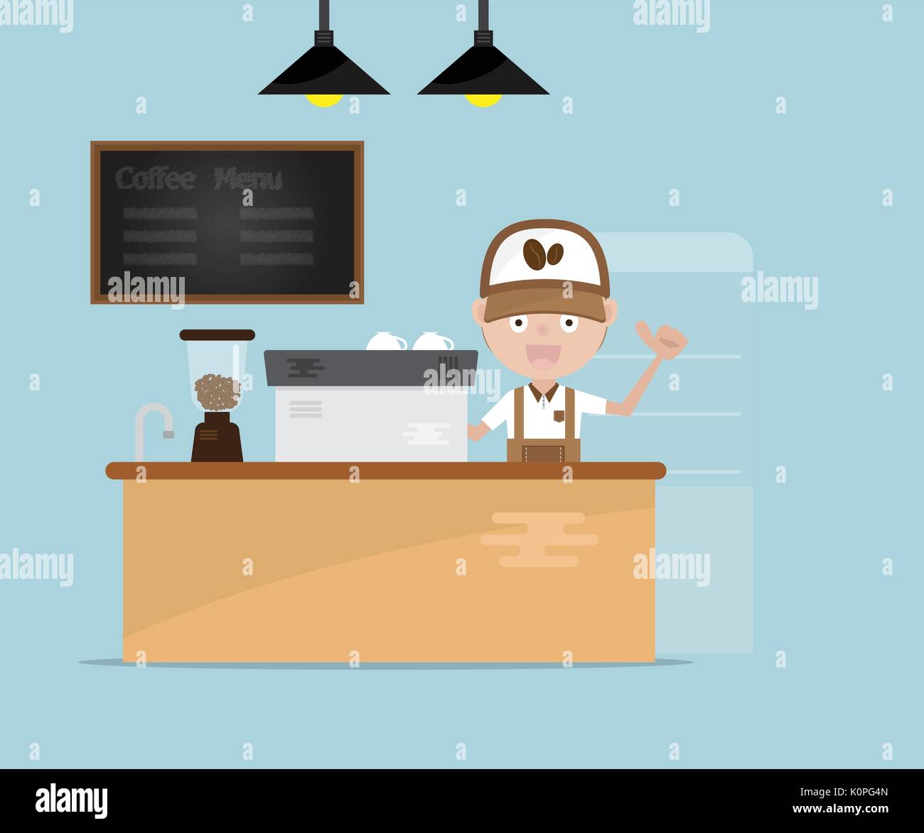 barista at counter in coffee shop cartoon vector illustration Stock