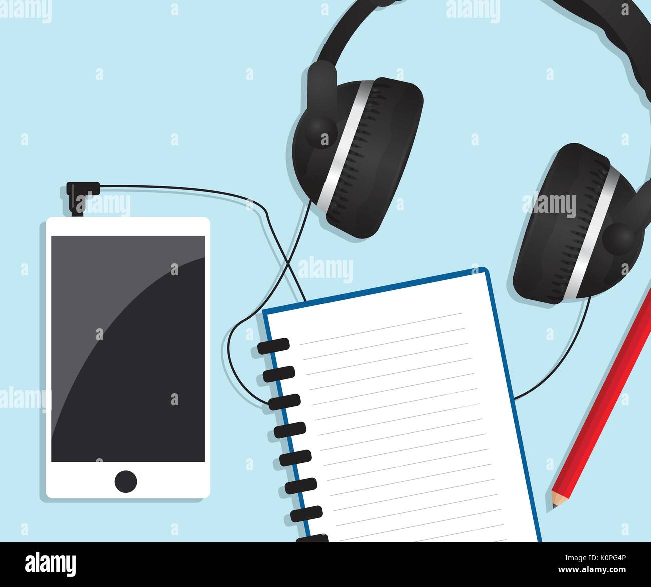 mobile smartphone with headphones and notebook music background vector ...