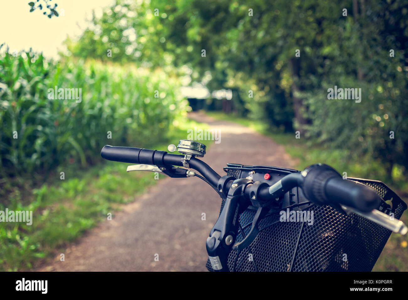 Bike path and bicycle handlebar close-up. Bicycle friendly city. Eco-friendly transport and healthy lifestyle concept. Stock Photo