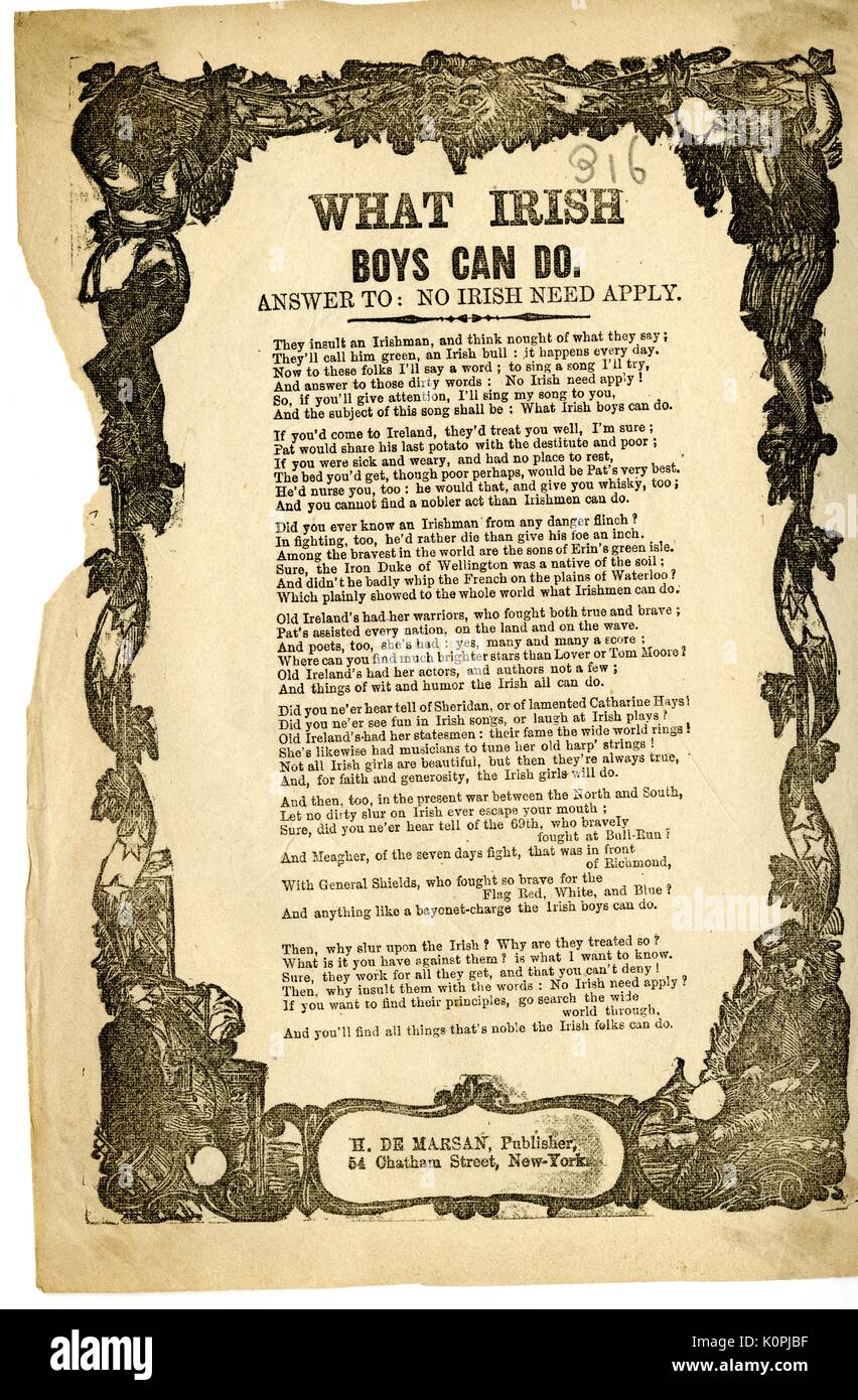 Broadside from the American Civil War, entitled 'What Irish Boys Can Do, ' expressing pride and bravado for the Irish Brigade fighting for the Union, New York, New York, 1863. Stock Photo