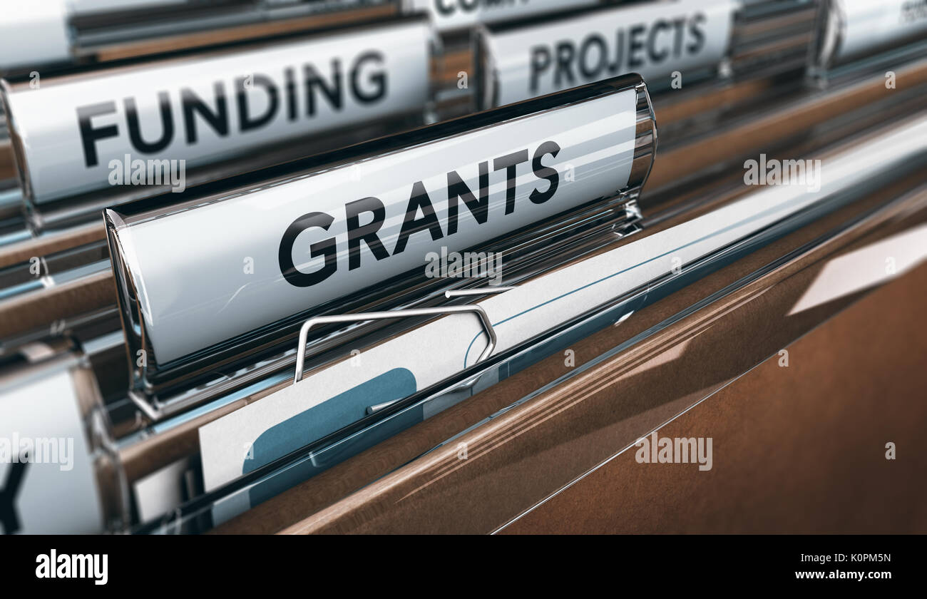 View of brown folders, with focus on grants label, Concept of funding, 3D illustration Stock Photo