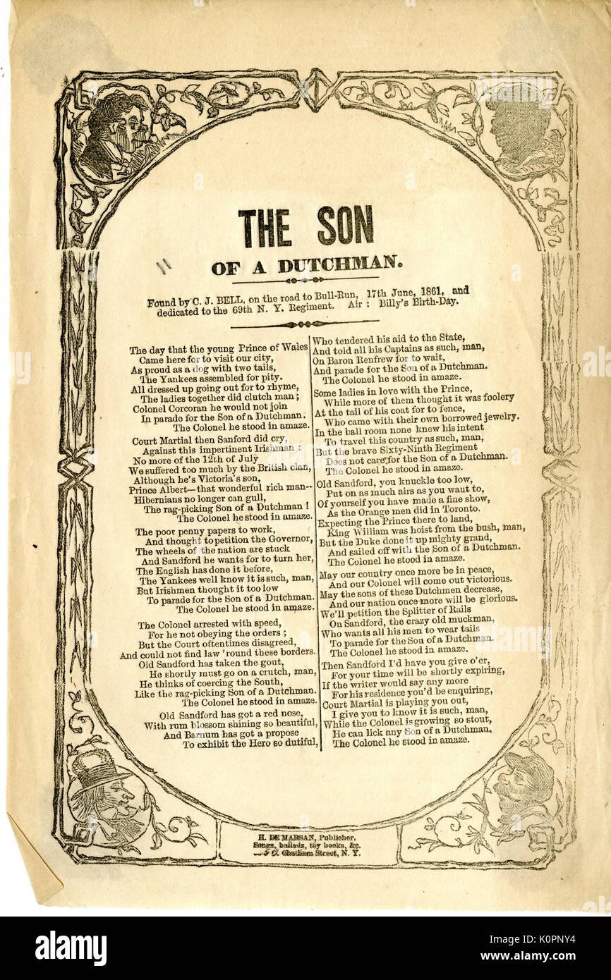 Broadside from the American Civil War entitled 'The Son of a Dutchman, ' telling the story of the Prince of Wales, the son of a Dutchman, New York, New York, 1861. Stock Photo