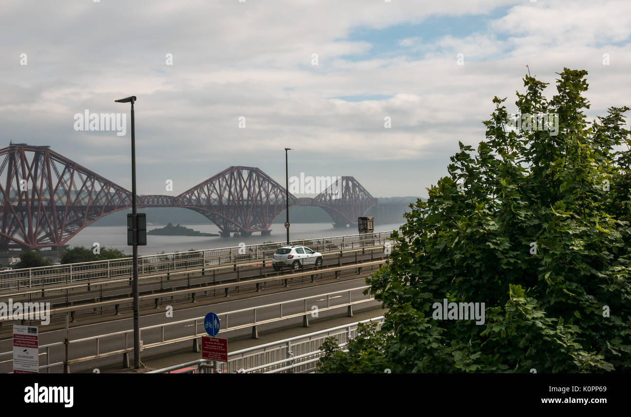 Cars traveling on Forth Road Bridge a few days before diversion to new Queensferry Crossing, opening August 30th 2017, Firth of Forth, Scotland, UK Stock Photo