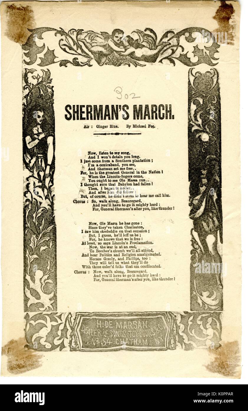 Broadside from the American Civil War entitled 'Sherman's March, ' threatening Confederate troops by glorifying Union generals, especially Major General William T. Sherman, 1863. Stock Photo