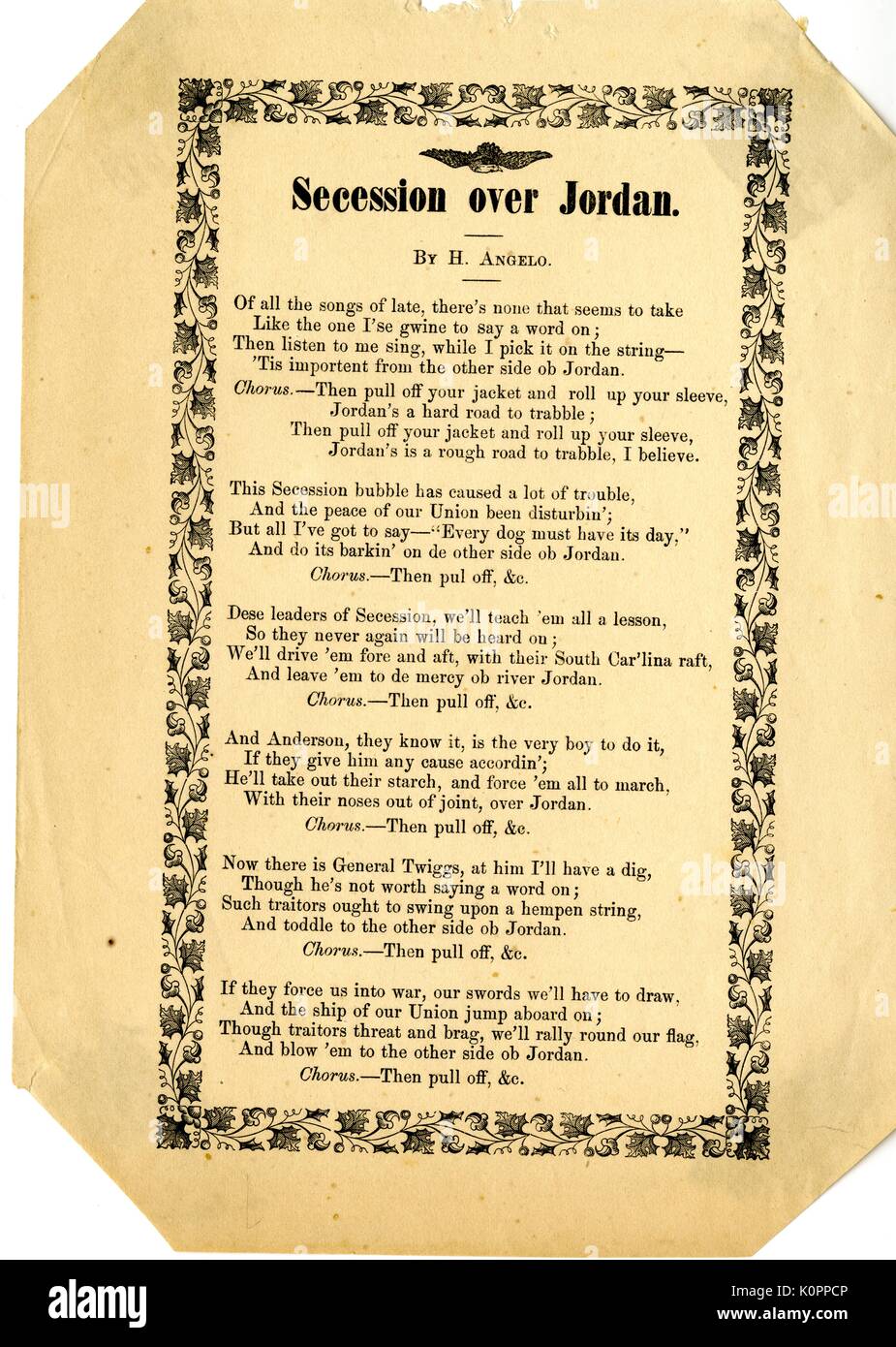 Broadside from the American Civil War, entitled 'Secession Over Jordan, ' expressing disdain for Confederate army leadership while mentioning the Ohio River, nicknamed River Jordan, 1863. Stock Photo