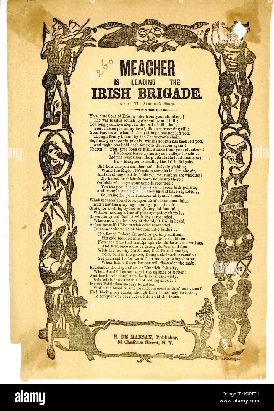 Broadside from the American Civil War, entitled 'Meagher Is Leading the Irish Brigade, ' telling the story of Irish Nationalist Thomas Francis Meagher who came to New York to lead the Irish Brigade for the Union army, New York, New York, 1862. Stock Photo