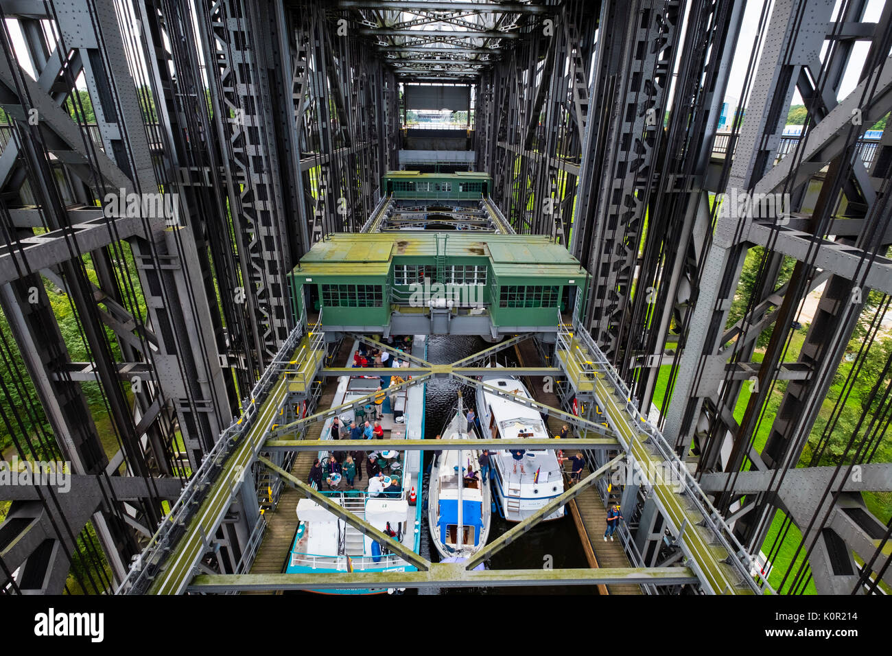 View of boats being raised inside historic ship lift at Niederfinow in Brandenburg, Germany Stock Photo