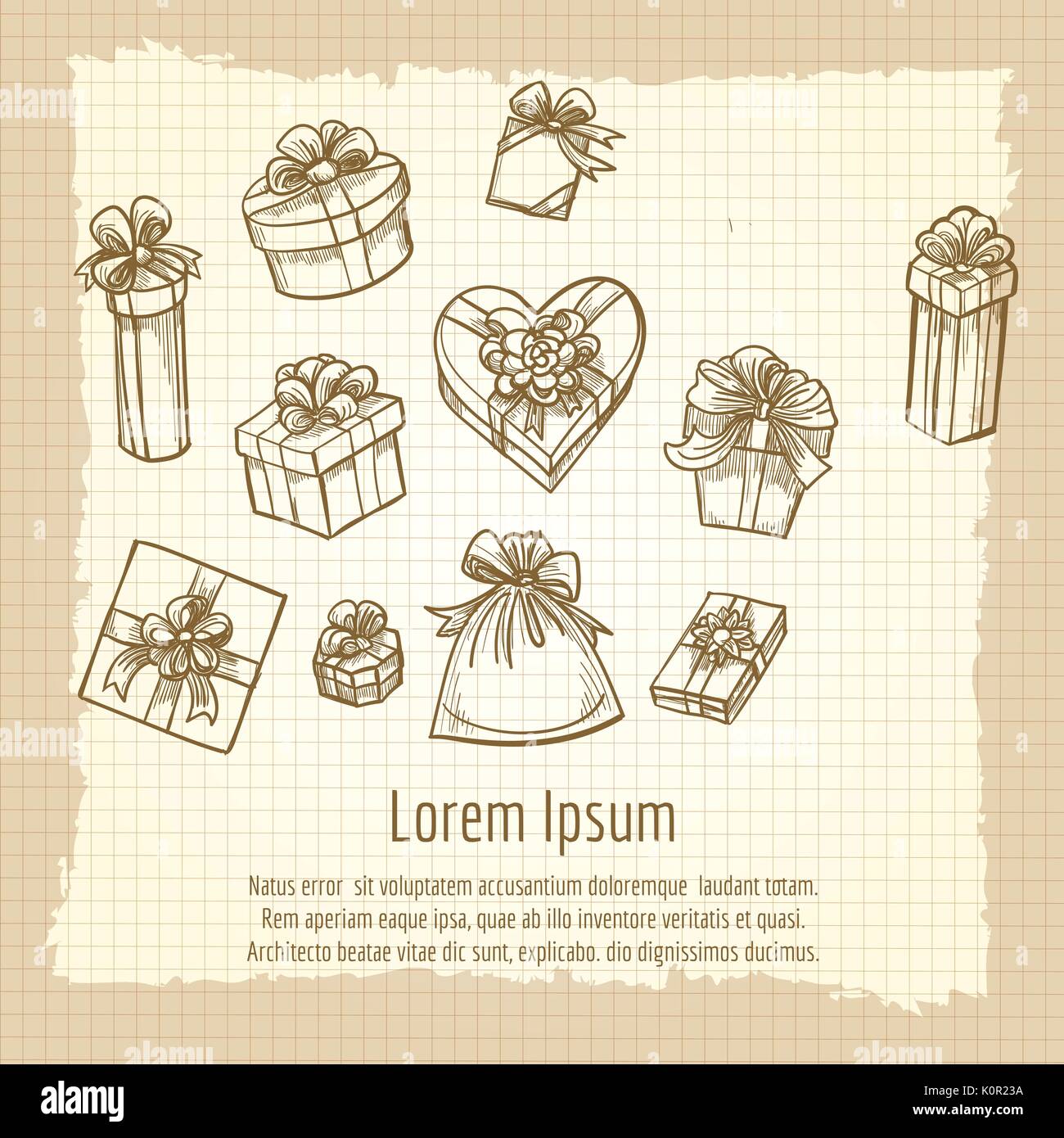 Hand drawn vintage gift boxes collection, vector illustration Stock Vector