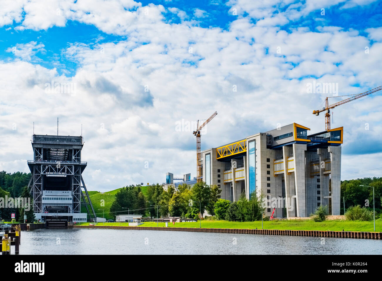 View of ship lifts at Niederfinow in Brandenburg, Germany. The old one on the left and new one under construction. Stock Photo