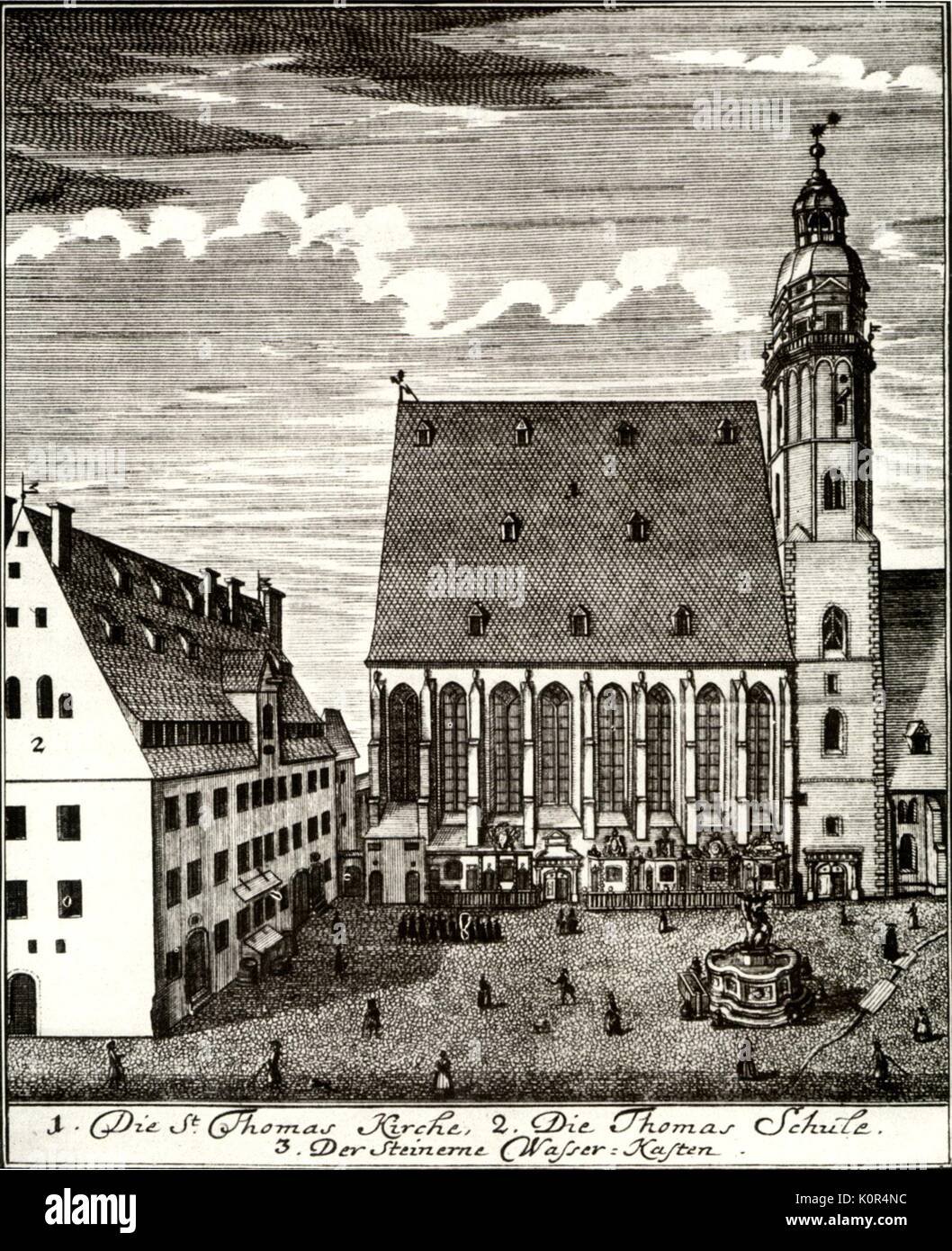 Johann Sebastian Bach - Thomas Kirche & Schule Johann Sebastian Bach.  Thomas Church and Thomas School in Leipzig  .  Thomaskirche Stock Photo