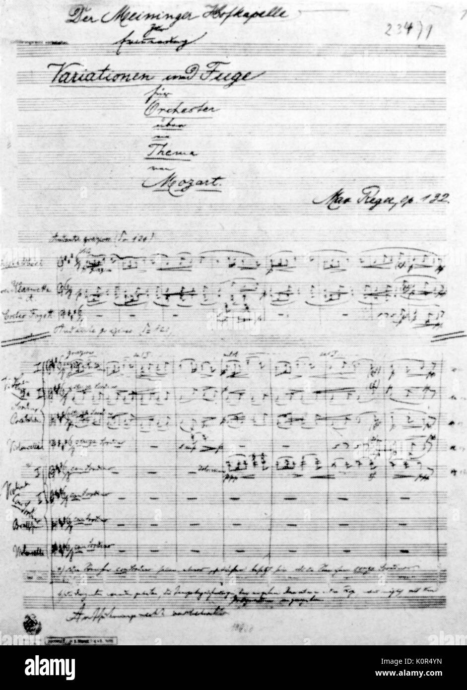 Nax Reger handwritten score- Variation on theme by Mozart 1914.  Mozart variation op.132, begun in May 1914 in Schneewinkl,completed June in Meiningen. German composer, 19 March 1873 - 11 May 1916. Stock Photo