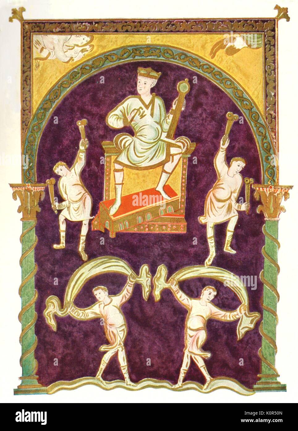 King David playing a stringed instrument; musicians with drums and dancers. From 9th century Psalterium in St Gallen. Stock Photo