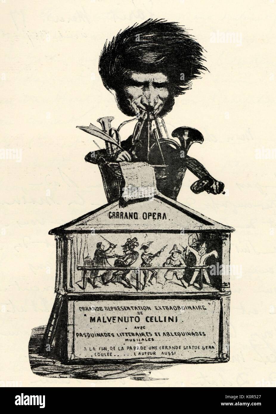 Caricature of Hector Berlioz by Benvenuto Cellini, from Caricature Provisoire 1st November, 1838 (Berlioz as the Orchestra).  French composer, 11 December 1803 - 8 March 1869. Stock Photo