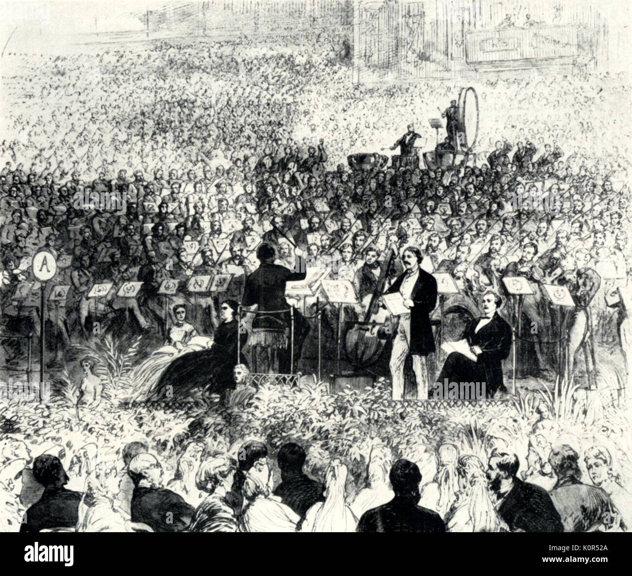 Handel's Festival in the Crystal Palace, 1865. Messiah with lead singer Orchestra, choir and audience.  Line drawing. Illustrated London News German-English composer, 23 February 1685 - 14 April 1759. Stock Photo