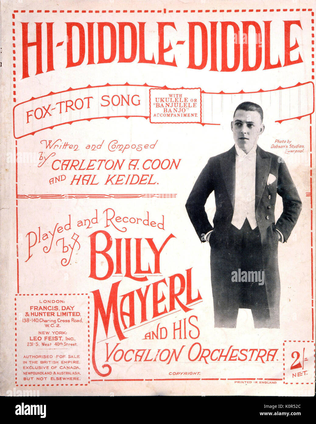 Mayerl, Billy - photo on score cover 'Hi Diddle Diddle'. Foxtrot song  Banjo / Ukulele accompaniment. 'Played & Recorded by Billy Mayerl with his Vocalion Orchestra'. British Pianist, Composer & Conductor.      Jazz 1902-1959. Stock Photo
