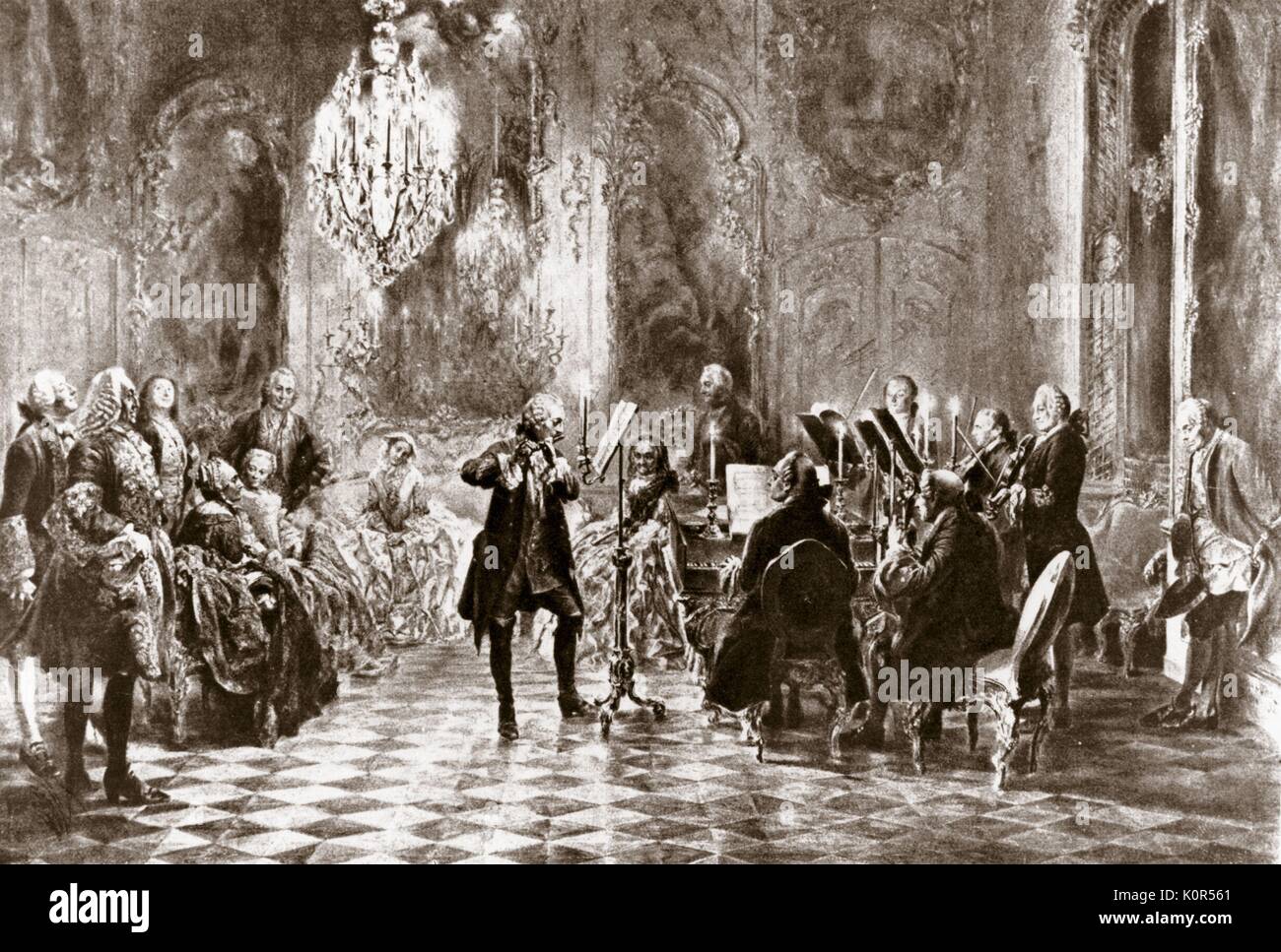 Frederick the Great and his court making music.  Frederick playing the flute. Flautist and composer. At Sanssouci by Adolf von Menzel.  At piano PE Bach,JS Bach's 2 sons and Benda. Audience of court ladies and gentlemen. King of Prussia, 24 January 1712  – 17 August 1786. Stock Photo