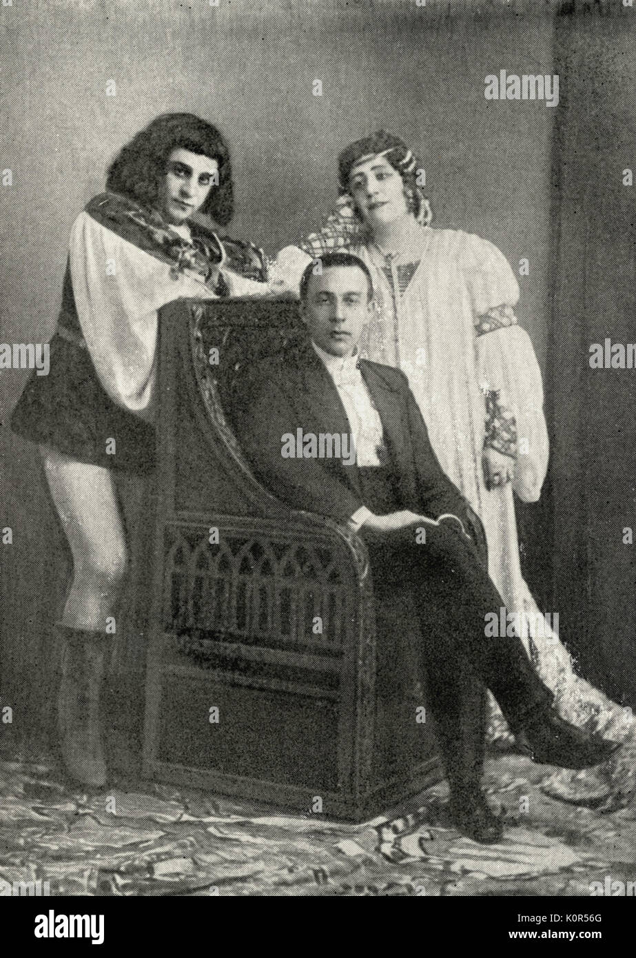 Sergei Vassilievich Rachmaninov with actors of 'Francesca da Rimini'. Russian pianist and composer.  With actors from 1st performance 1906.  Male singer is Baklanov, female is Salina 1873-1943 Stock Photo