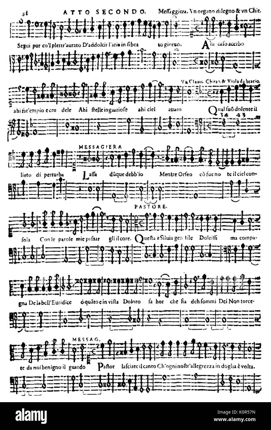 Claude Monteverdi - Score from the opera Orfeo, (messenger's part), 1607.  Italian composer (1567-1643). Orpheus, Orphée Stock Photo