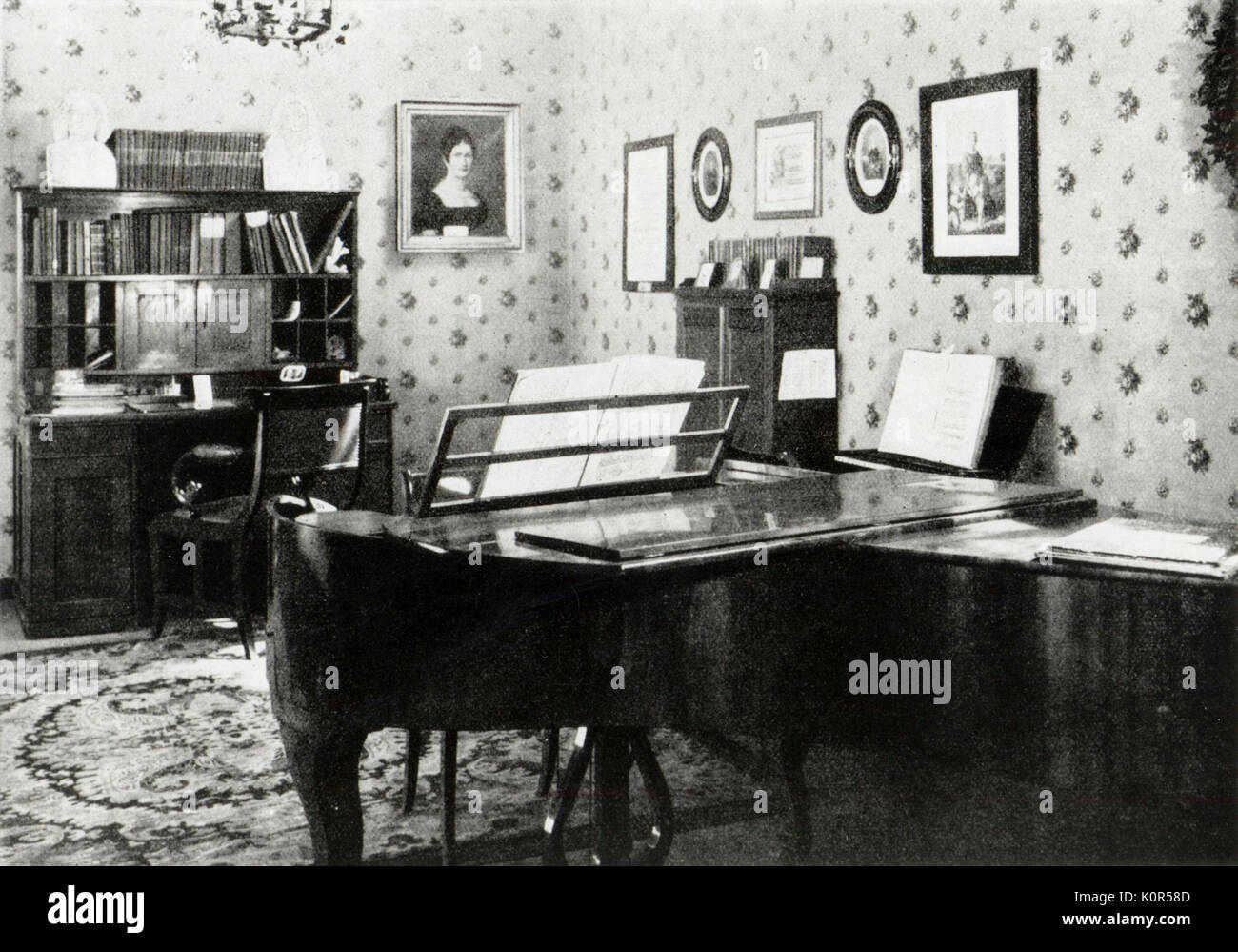 Schumann 's room in Zwickau - piano is a Hammerflugel by Andreas Stei, 1827.  It was used by Clara Schumann at her first appearance in Leipzig Gewandhaus on 20th October, 1828. Schumann, Robert, German composer, 8 June 1810 – 29 July 1856. Stock Photo