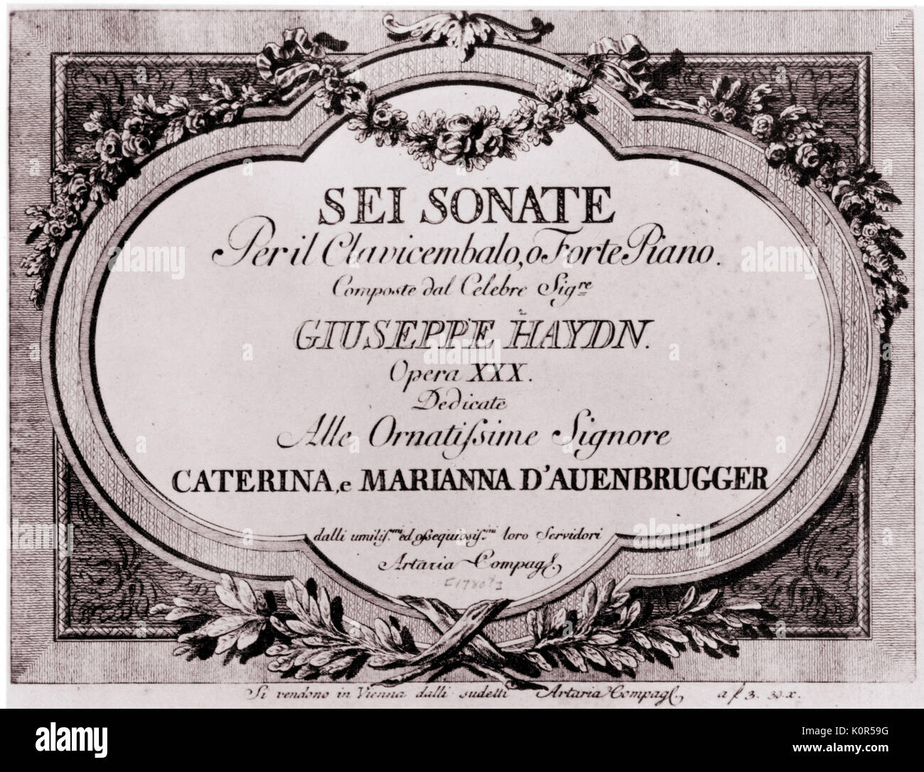 Haydn-Sei Sonate per il Clavicembalo, o Forte Piano.  Vienna 1780.  Dedicated to Caterina e Marianna D'Auenbrugger.  Vienna 1780. Stock Photo