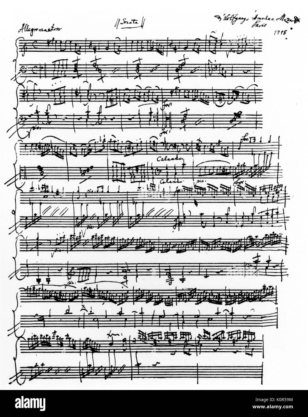 Wolfgang Amadeus Mozart - Piano Sonata in A Minor, K310 Autograph score,  Paris, 1778. Opening of first movement. Austrian composer, 27 January 1756  - 5 December 1791 Stock Photo - Alamy