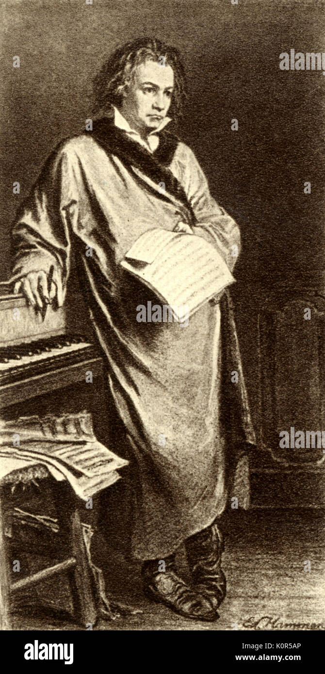 Ludwig van Beethoven - portrait of German composer by Hamman. Full figure, standing by the piano holding a score. German composer, 17 December  1770- 26 March 1827. Stock Photo
