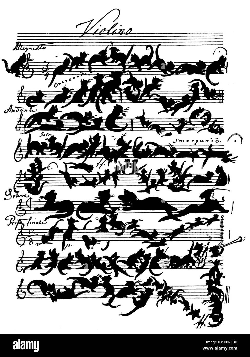 'Cat Violin Score' by Moritz von Schwind entitled  'Zukunftsmusik'  (Music of the Future). Term coined by Wagner parodying Wagner's concept. Von Schwind was in Schubert 's circle of friends. 1804-1871,  Austrian painter. Stock Photo