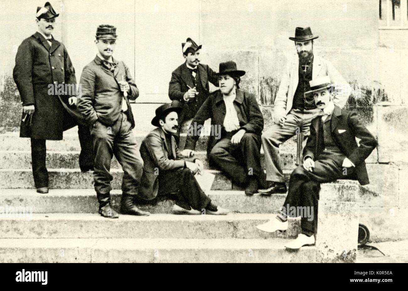 Ravel with competitors for Grand Prix de Rome 1901 Competitors for Grand Prix de Rome. Right to left: Maurice Ravel, Bertelin, Andre Capelet, Ayme Kunc, Gabriel Dupont. MR: French composer 1875-1937 Stock Photo