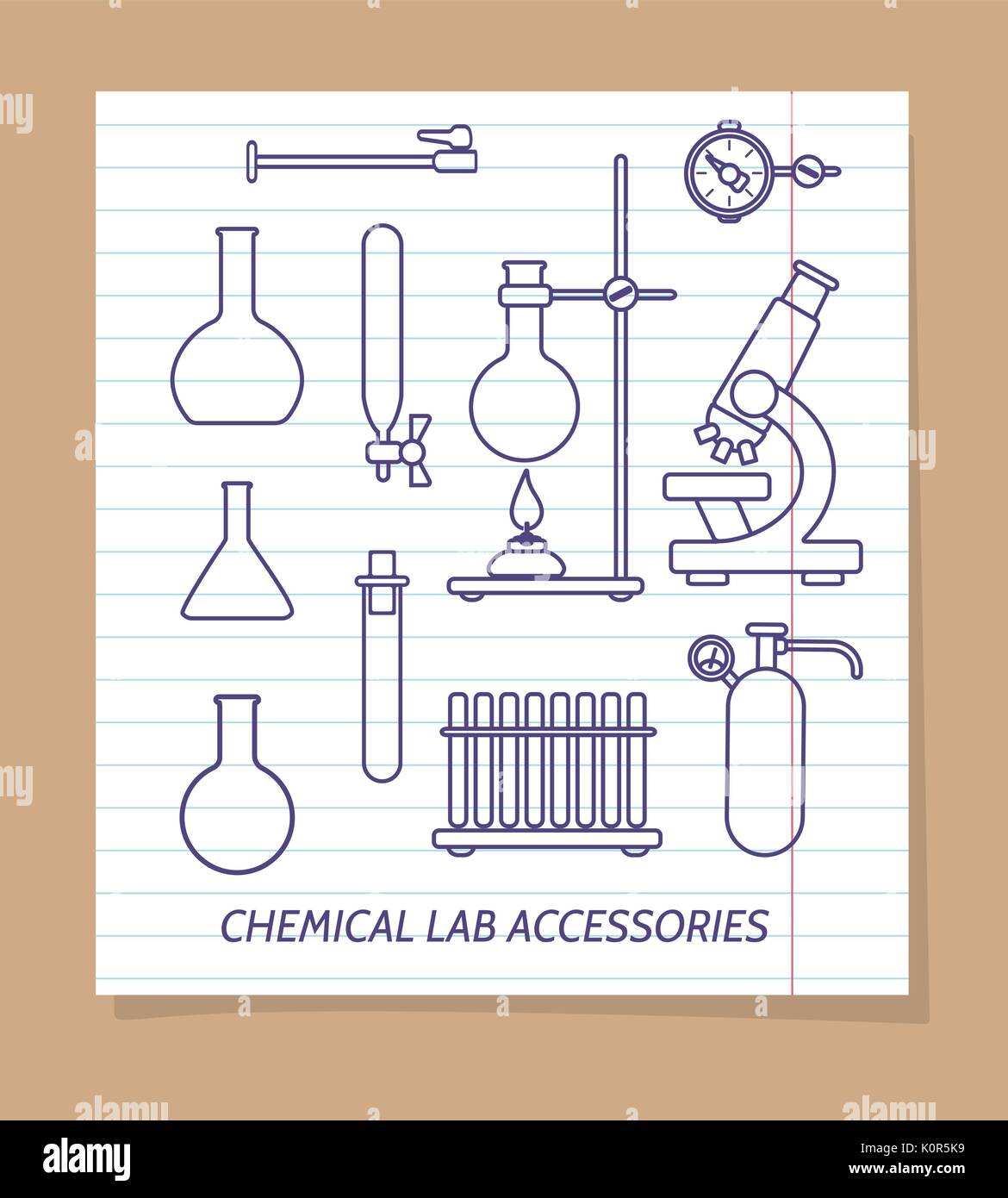 Chemical lab accessories line icons on notebook page, vector illustration Stock Vector