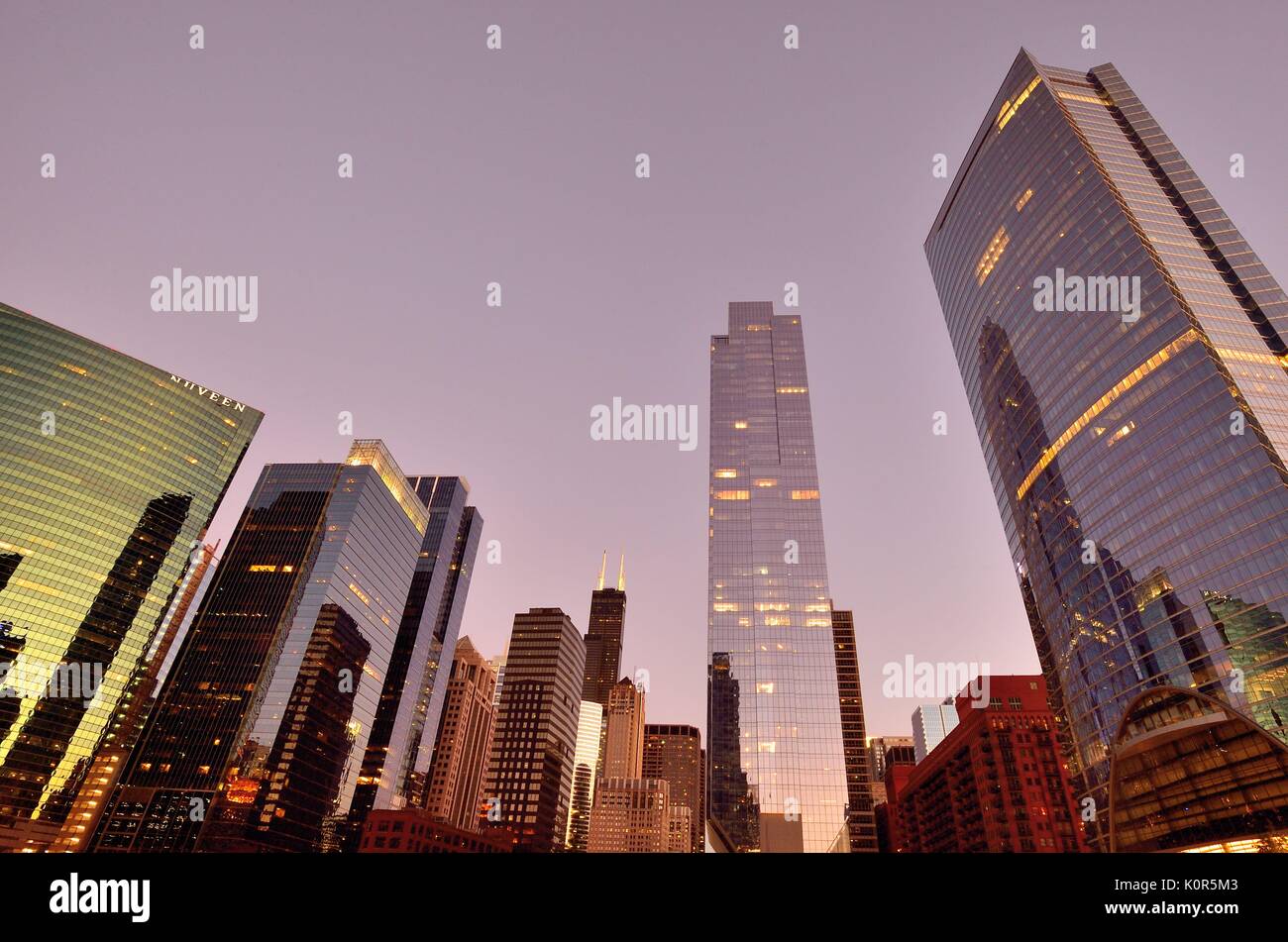 Dusk descends on Chicago's West Loop area. Chicago, Illinois, USA. Stock Photo